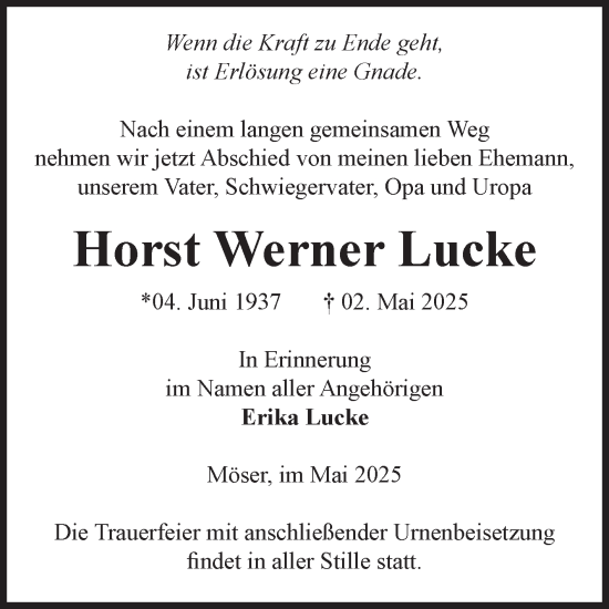 Traueranzeige von Horst Werner Lucke von Volksstimme Burg/Genthin