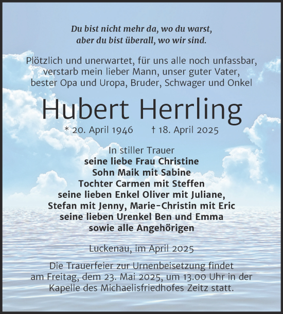 Traueranzeige von Hubert Herrling von Trauerkombi Zeitz