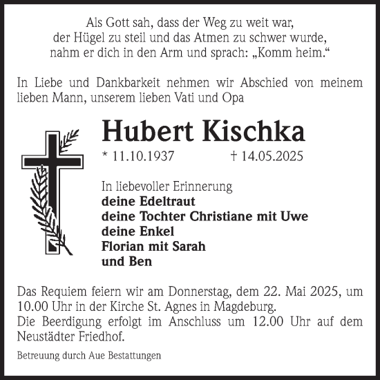 Traueranzeige von Hubert Kischka von Volksstimme Magdeburg