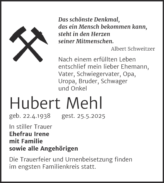 Traueranzeige von Hubert Mehl von Trauerkombi Köthen