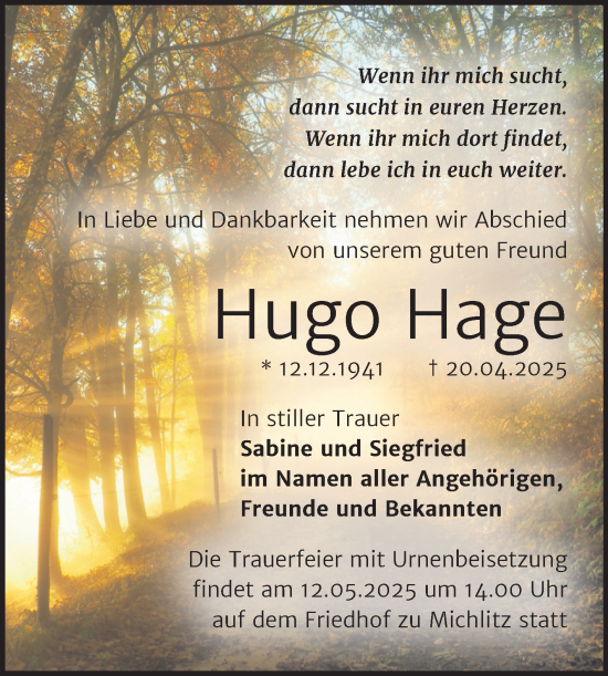 Traueranzeige von Hugo Hage von Trauerkombi Merseburg
