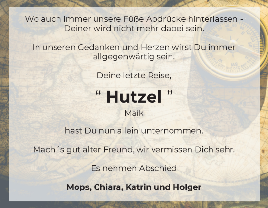Traueranzeige von Hutzel Maik  von Trauerkombi Zeitz