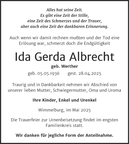 Traueranzeige von Ida  Albrecht von Trauerkombi Mansfelder Land