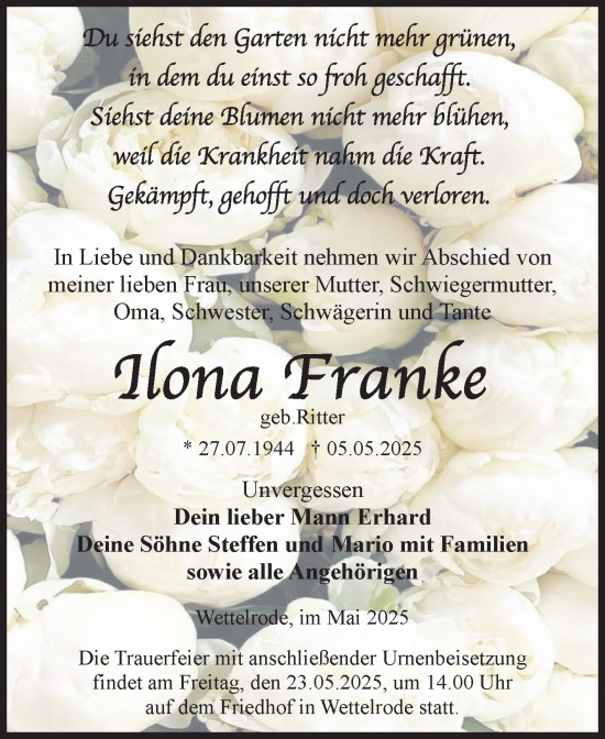 Traueranzeige von Ilona Franke von Trauerkombi Sangerhausen