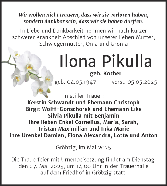 Traueranzeige von Ilona Pikulla von Trauerkombi Köthen