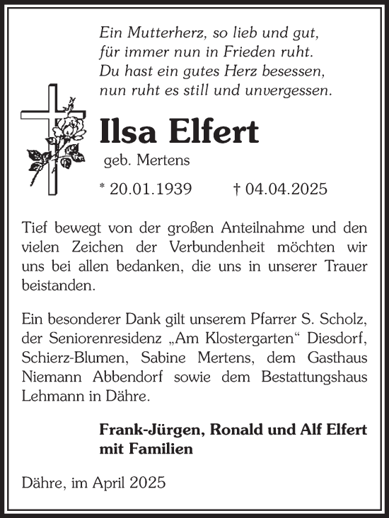Traueranzeige von Ilsa Elfert von Volksstimme Altmark West