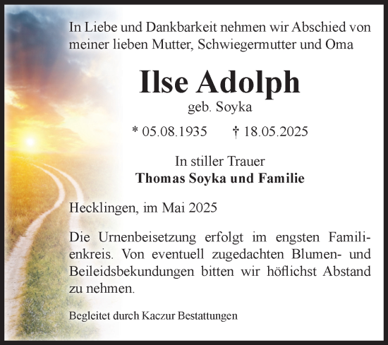 Traueranzeige von Ilse Adolph 