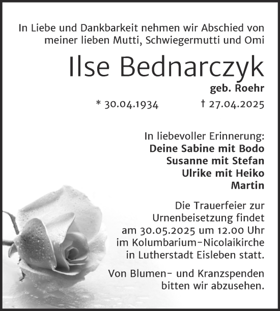 Traueranzeige von Ilse Bednarczyk von Mitteldeutsche Zeitung Halle/Saalkreis