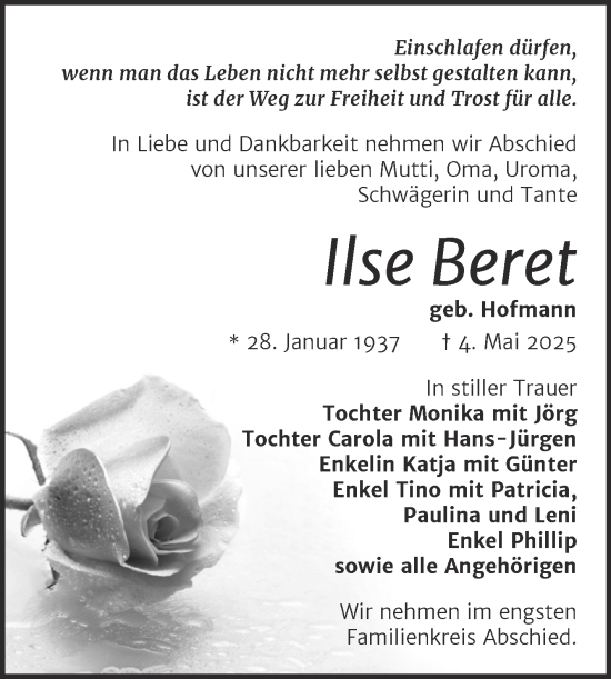 Traueranzeige von Ilse Beret von Trauerkombi Zeitz