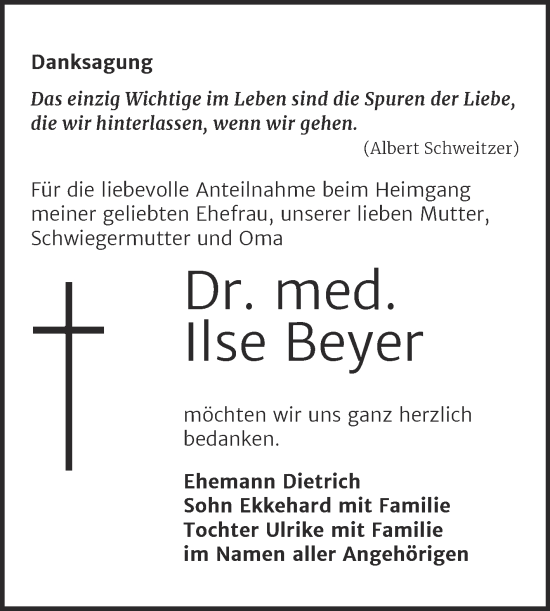 Traueranzeige von Ilse Beyer von Mitteldeutsche Zeitung Merseburg/Querfurt