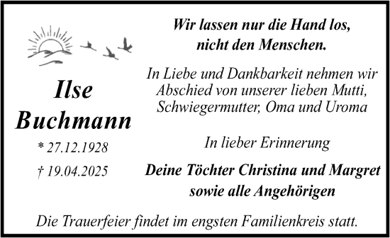 Traueranzeige von Ilse Buchmann von Trauerkombi Dessau