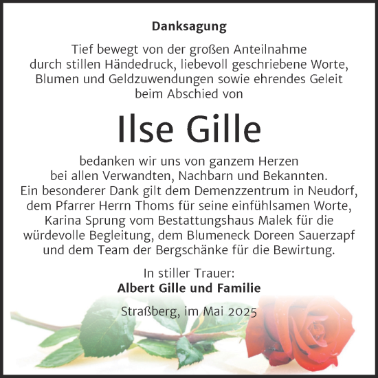 Traueranzeige von Ilse Gille von Trauerkombi Quedlinburg