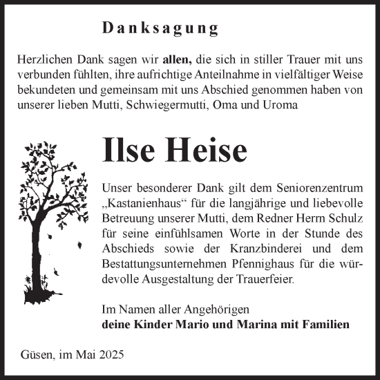 Traueranzeige von Ilse Heise von Volksstimme Burg/Genthin