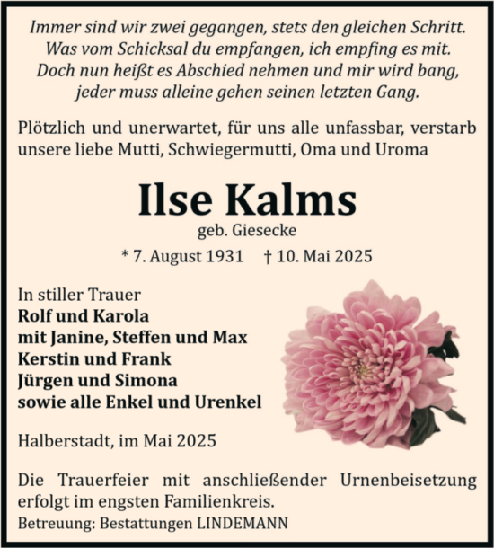 Traueranzeige von Ilse Kalms von Volksstimme Halberstadt