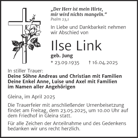 Traueranzeige von Ilse Link von Naumburger Tageblatt