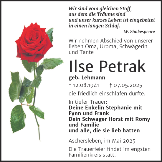 Traueranzeige von Ilse Petrak von Trauerkombi Aschersleben