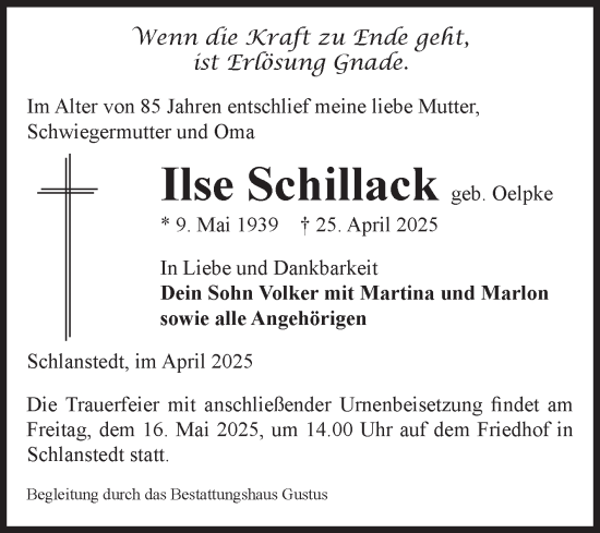 Traueranzeige von Ilse Schillack von Volksstimme Halberstadt