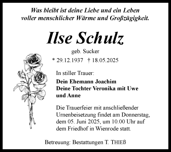 Traueranzeige von Ilse Schulz von Volksstimme Wernigerode