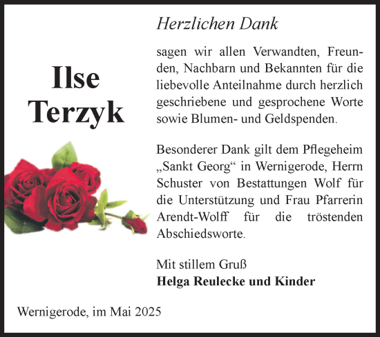 Traueranzeige von Ilse Terzyk von Volksstimme Wernigerode