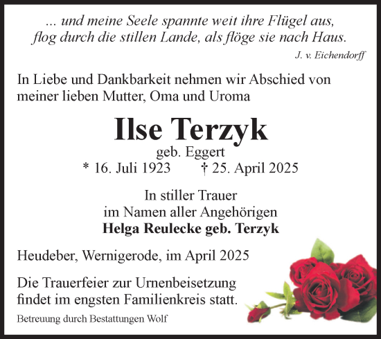 Traueranzeige von Ilse Terzyk von Volksstimme Wernigerode