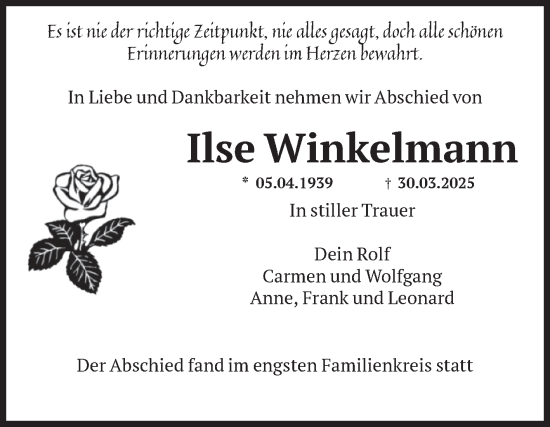 Traueranzeige von Ilse Winkelmann von Volksstimme Staßfurt