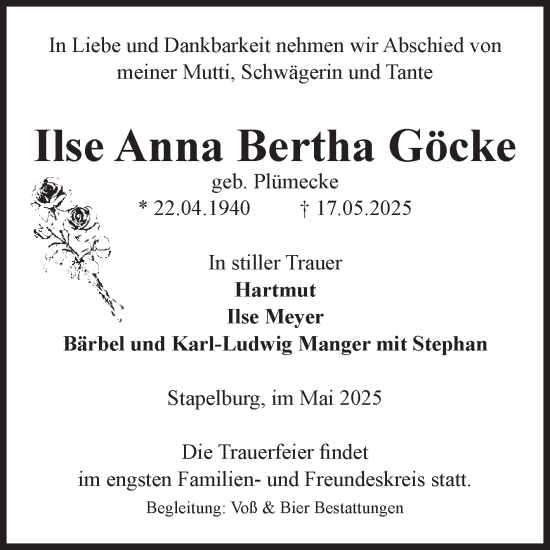 Traueranzeige von Ilse Anna Bertha Göcke von Volksstimme Wernigerode