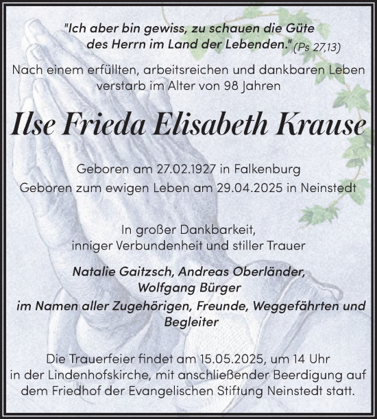 Traueranzeige von Ilse Frieda Elisabeth Krause von Trauerkombi Quedlinburg