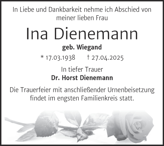 Traueranzeige von Ina Dienemann von Mitteldeutsche Zeitung Halle/Saalkreis