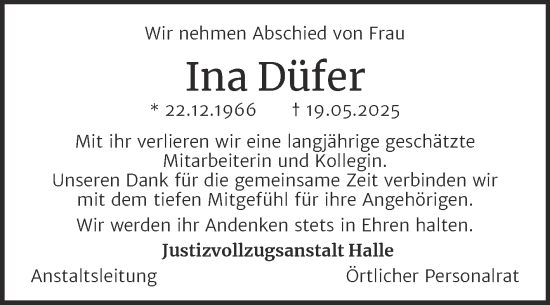 Traueranzeige von Ina Düfer von Mitteldeutsche Zeitung Halle/Saalkreis