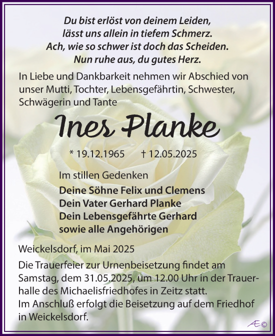Traueranzeige von Ines Planke von Trauerkombi Zeitz
