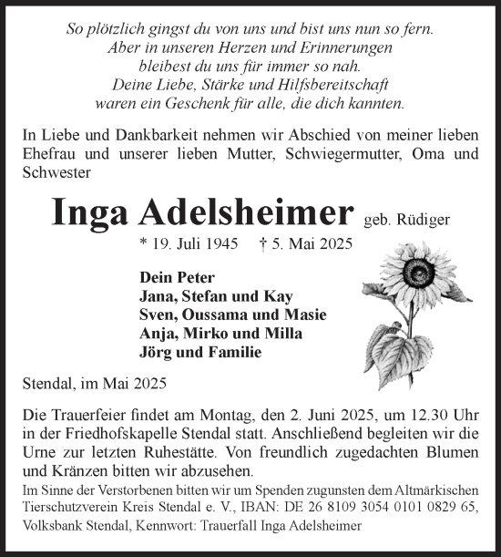 Traueranzeige von Inga Adelsheimer von Volksstimme Altmark Ost