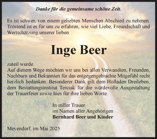 Traueranzeige von Inge Beer von Volksstimme Oschersleben/Wanzleben