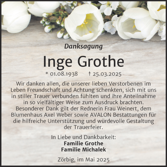 Traueranzeige von Inge Grothe von Trauerkombi Bitterfeld