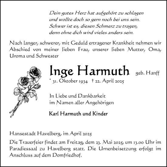 Traueranzeige von Inge Harmuth von Volksstimme Altmark Ost