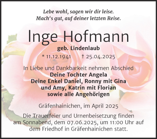 Traueranzeige von Inge Hofmann von Trauerkombi Wittenberg