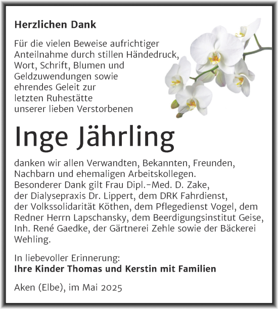 Traueranzeige von Inge Jährling von Trauerkombi Köthen