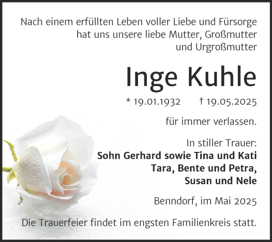 Traueranzeige von Inge Kuhle von Mitteldeutsche Zeitung Mansfelder Land