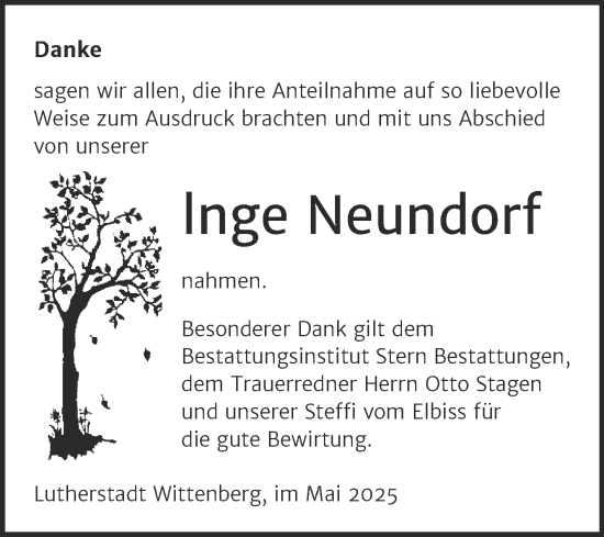 Traueranzeige von Inge Neundorf von Trauerkombi Wittenberg