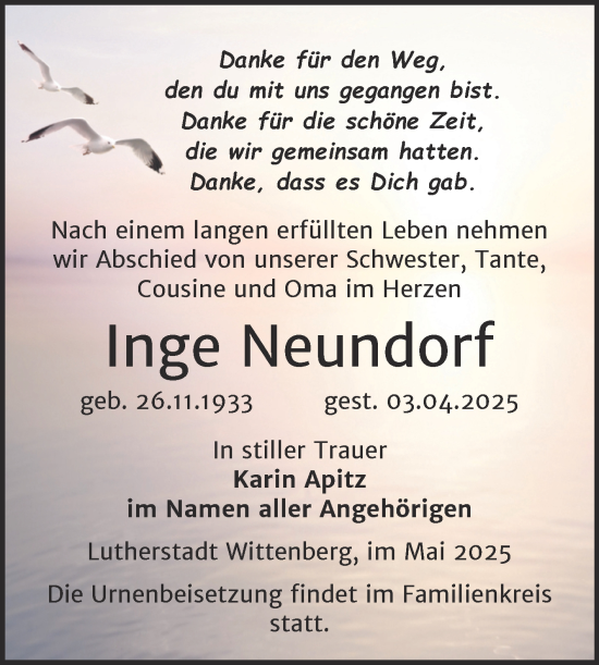 Traueranzeige von Inge Neundorf von Trauerkombi Wittenberg