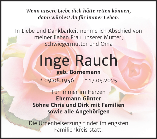 Traueranzeige von Inge Rauch von Trauerkombi Wittenberg