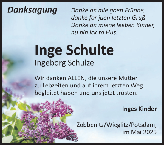 Traueranzeige von Inge Schulte von Volksstimme Haldensleben/Wolmirstedt