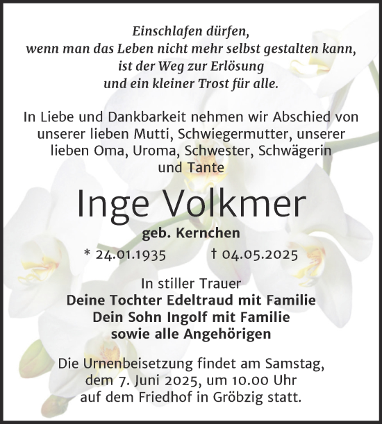 Traueranzeige von Inge Volkmer von Trauerkombi Köthen