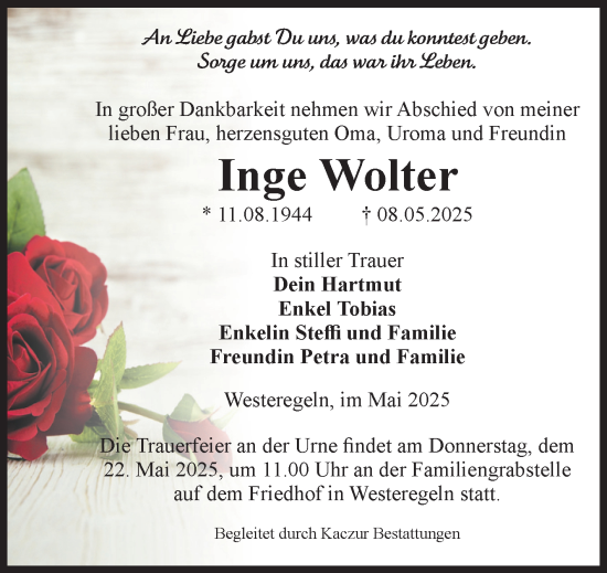 Traueranzeige von Inge Wolter von Volksstimme Staßfurt