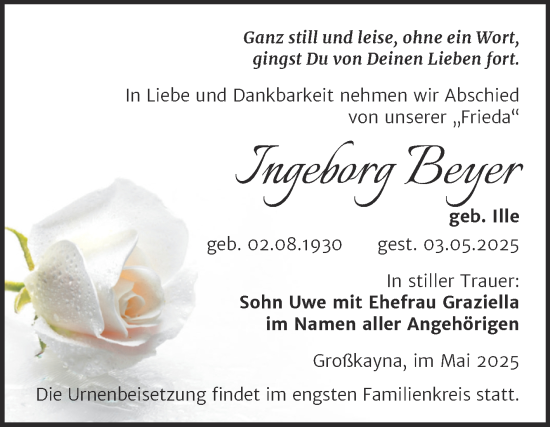 Traueranzeige von Ingeborg Beyer von Trauerkombi Merseburg