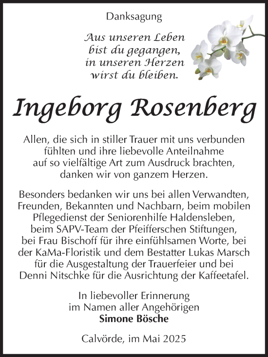 Traueranzeige von Ingeborg Rosenberg von Volksstimme Haldensleben/Wolmirstedt