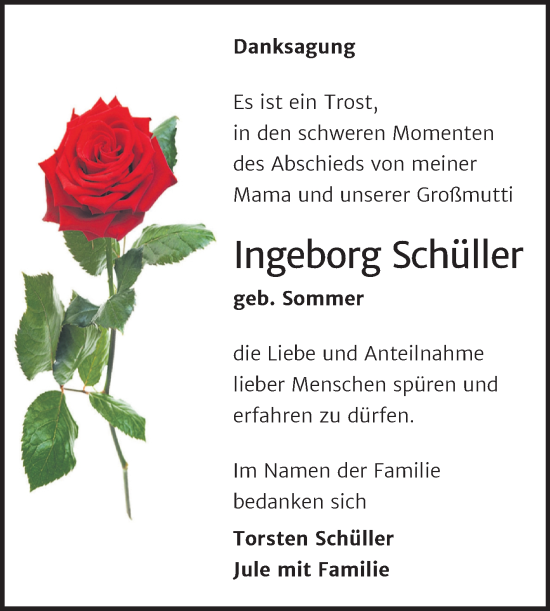 Traueranzeige von Ingeborg Schüller von Mitteldeutsche Zeitung Halle/Saalkreis