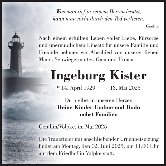 Traueranzeige von Ingeburg Kister von Volksstimme Oschersleben/Wanzleben