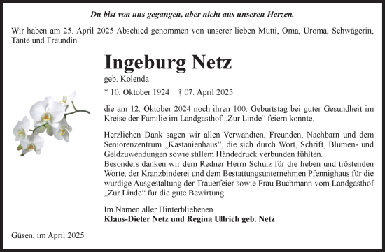 Traueranzeige von Ingeburg Netz von Volksstimme Burg/Genthin