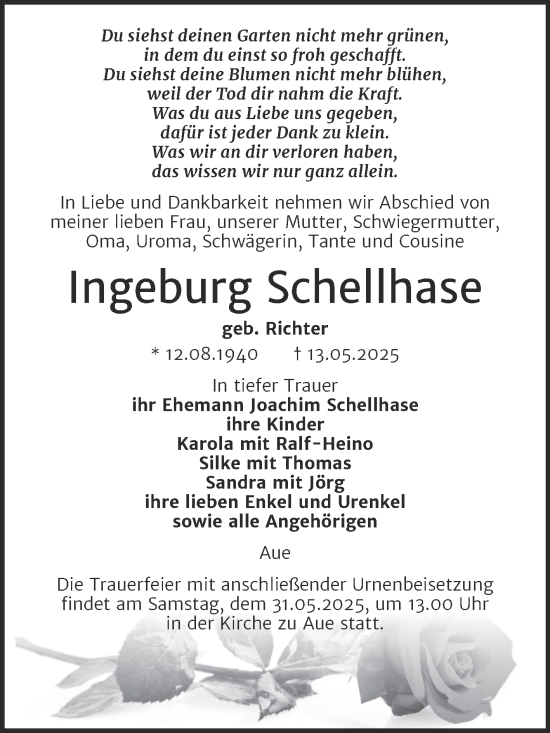Traueranzeige von Ingeburg Schellhase von Super Sonntag Naumburg/Nebra