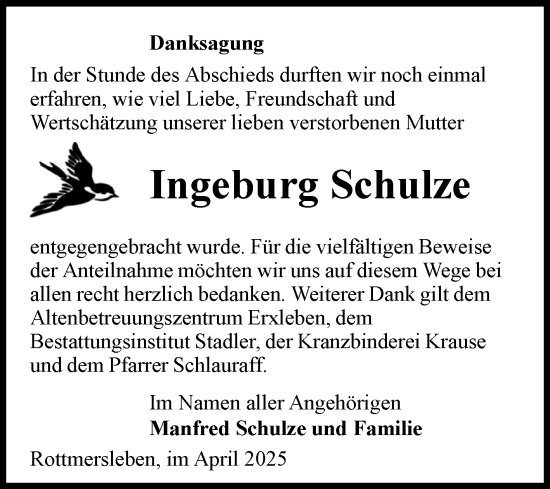 Traueranzeige von Ingeburg Schulze von Volksstimme Haldensleben/Wolmirstedt